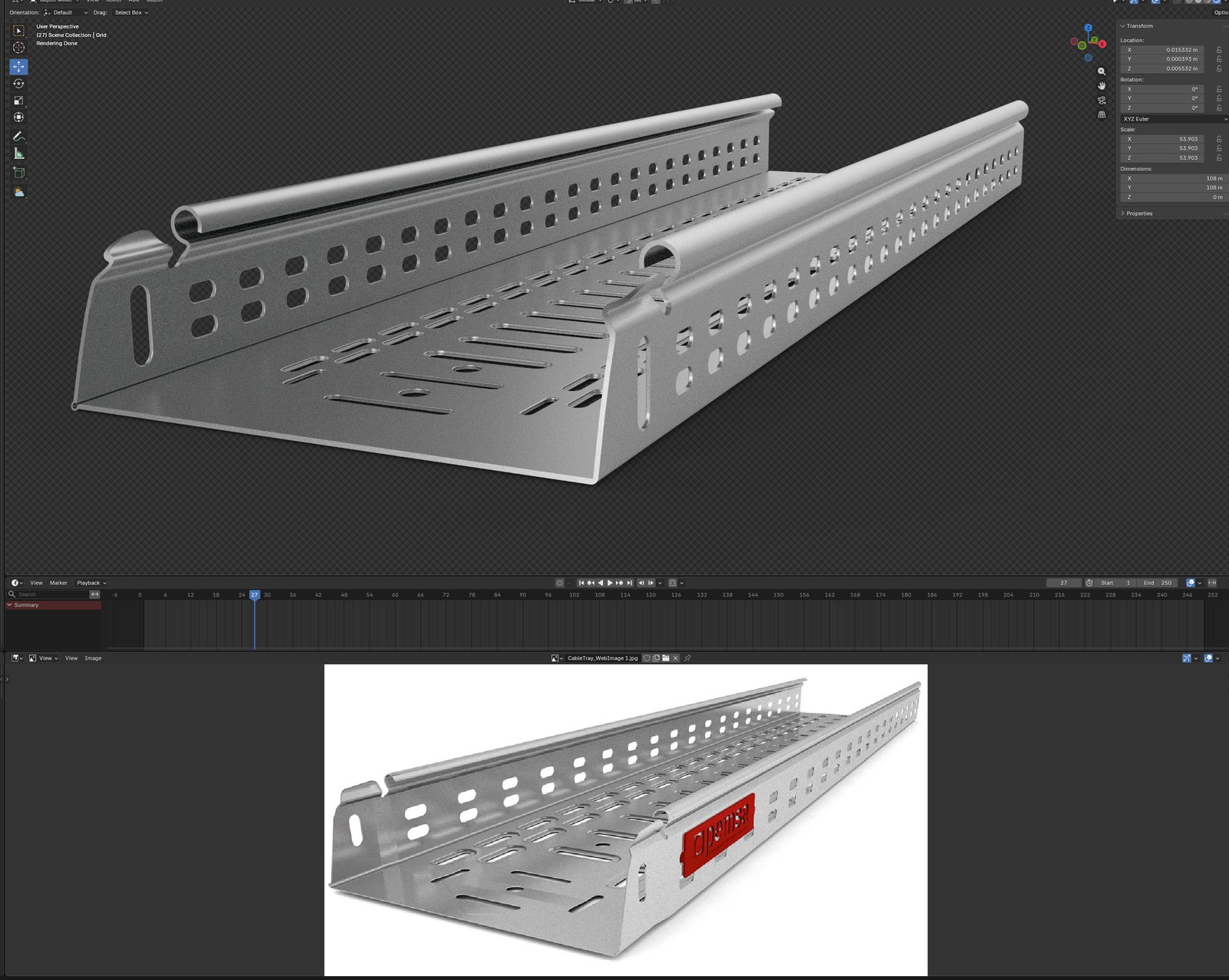 Clay-shaded cable tray model validated against a final composite reference