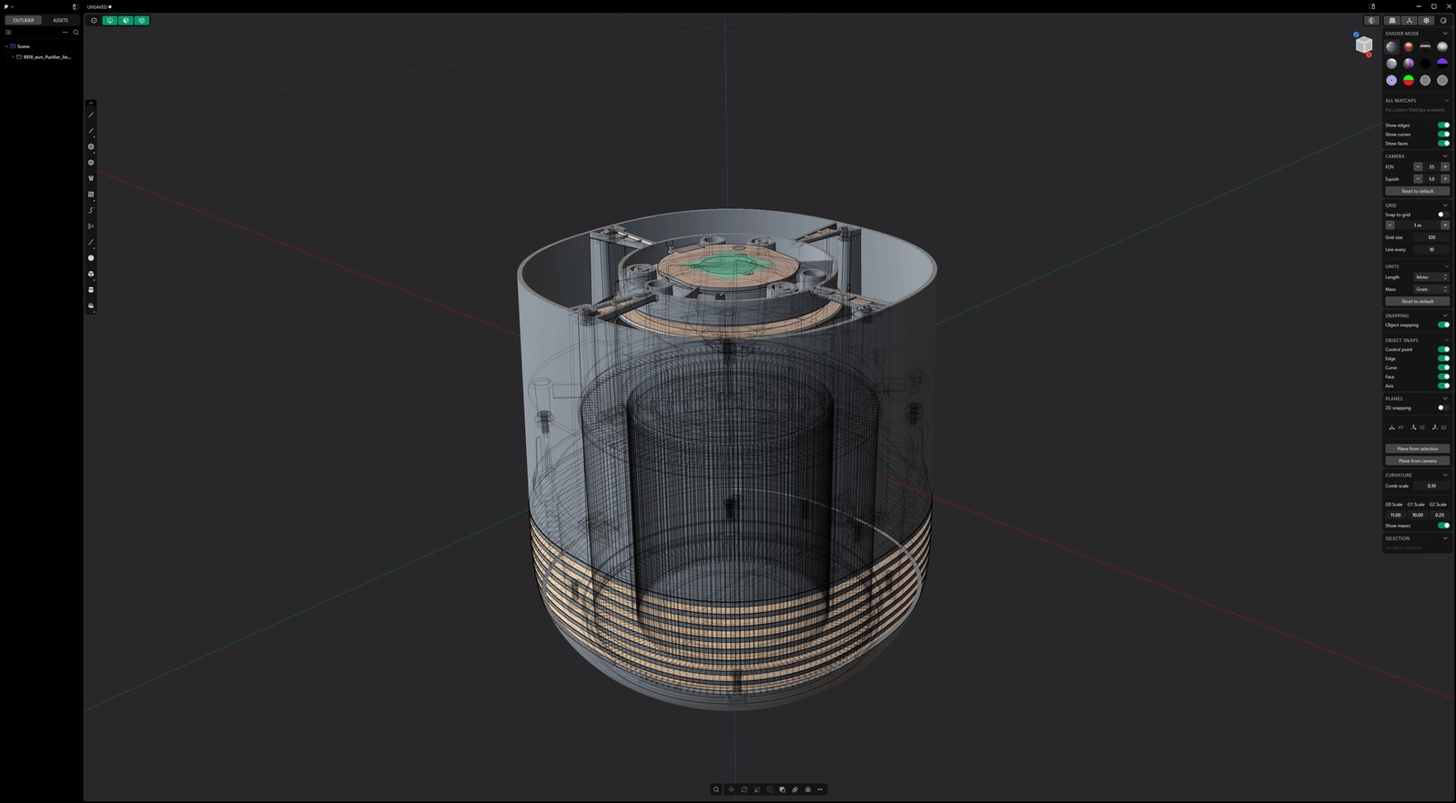 X-ray wireframe of a Dirt Devil air purifier showing internal filter structure