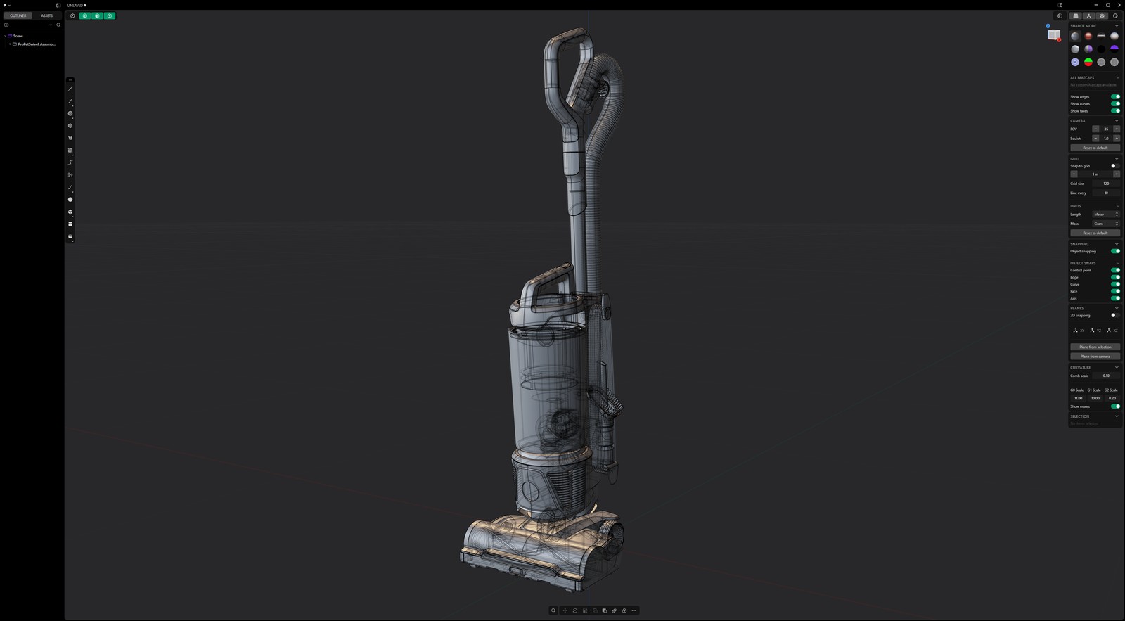 Topology wireframe of a Hoover upright vacuum built from existing CAD data