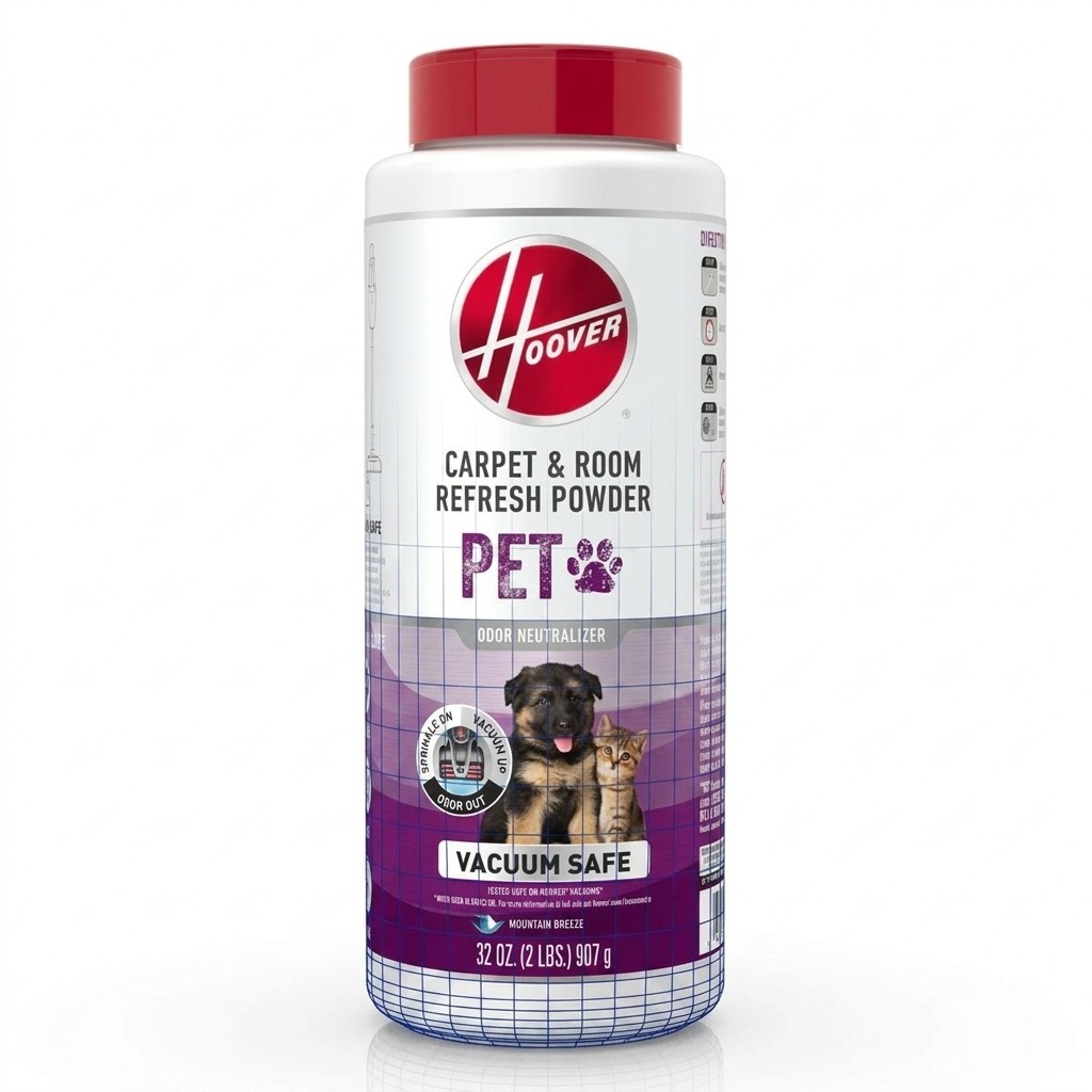 Finished marketing render of the Hoover Carpet and Room Refresh Pet Powder bottle with its CAD wireframe overlaid