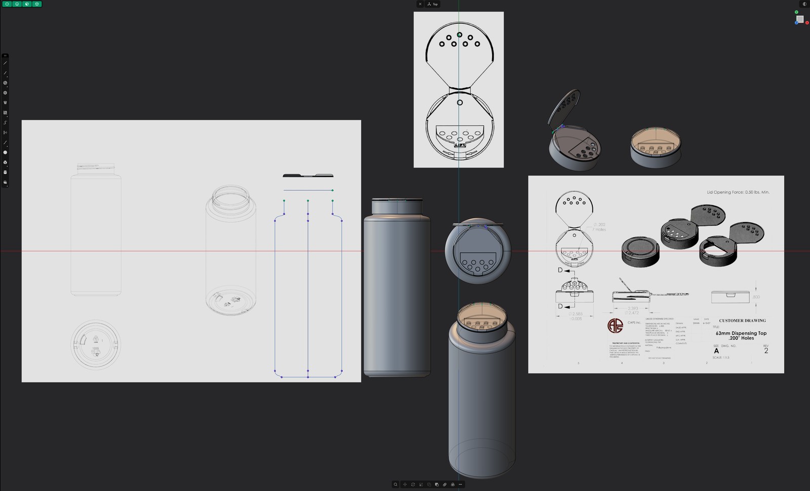 Powder bottle and two-hinge lid modeled against the dimensional dispensing-top drawings, with the lid shown open and closed