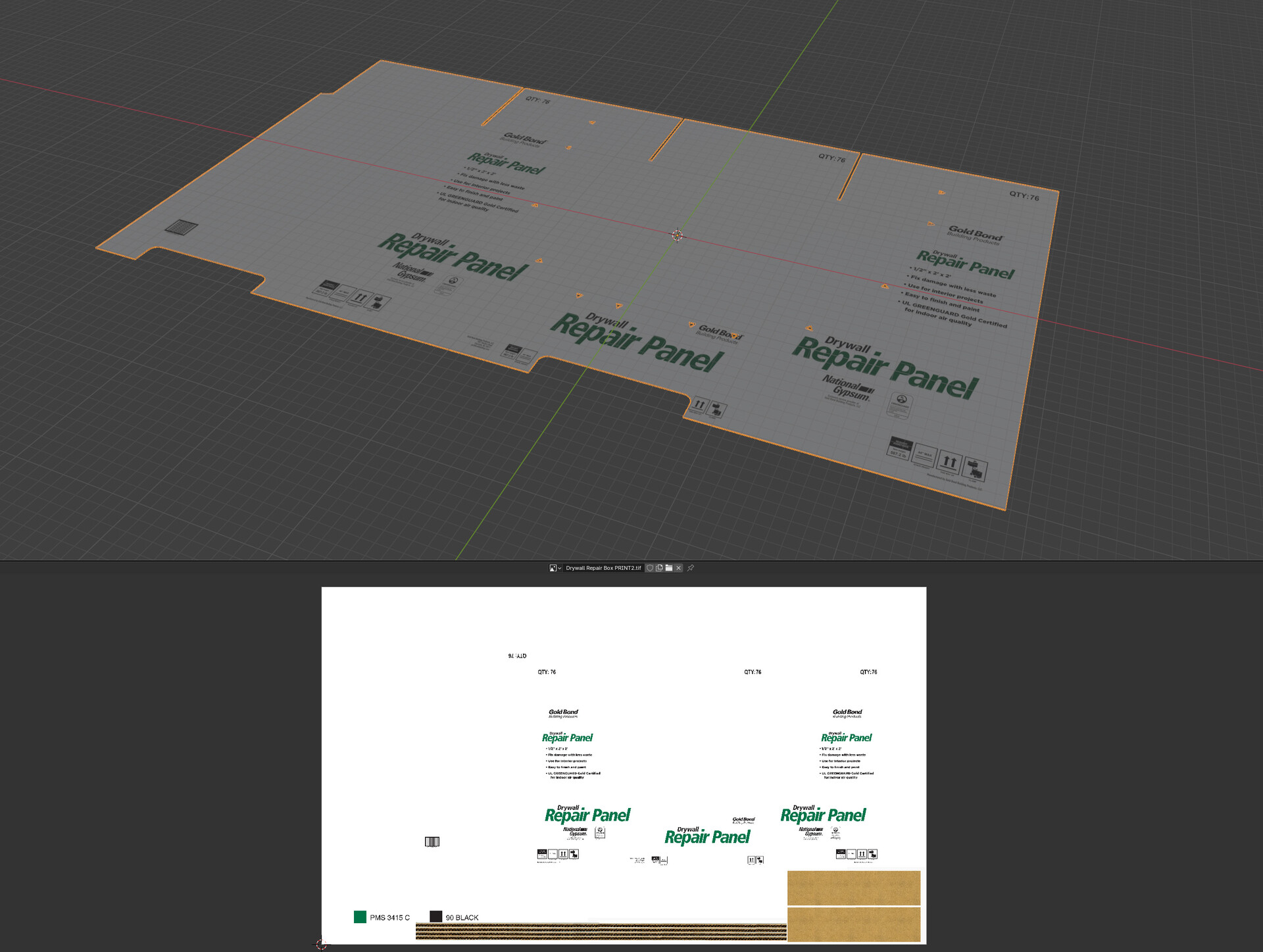 Die line layout imported and arranged in 3D